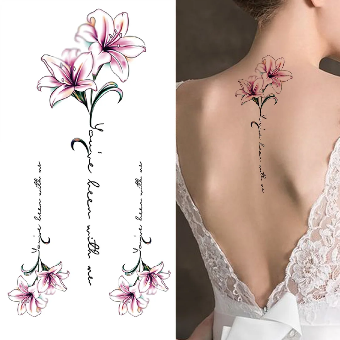 Lily Chains Flower Temporary Tattoo For Women Girls Rose Snake Lotus Tattoos Sticker Black Butterfly Fake Body Art Tatoos Back