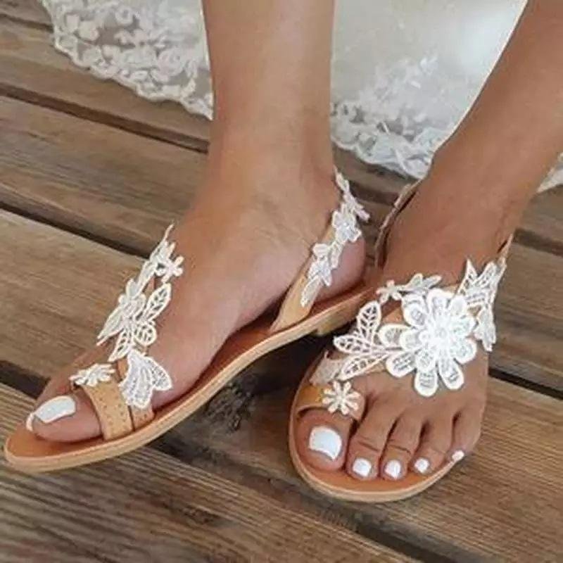 Women's white floral lace embroidery ring toe wedding sandals