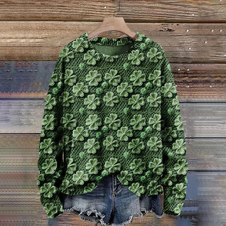 VChics St. Patrick's Day Four Leaf Clover Art Print Knit Pullover Sweater