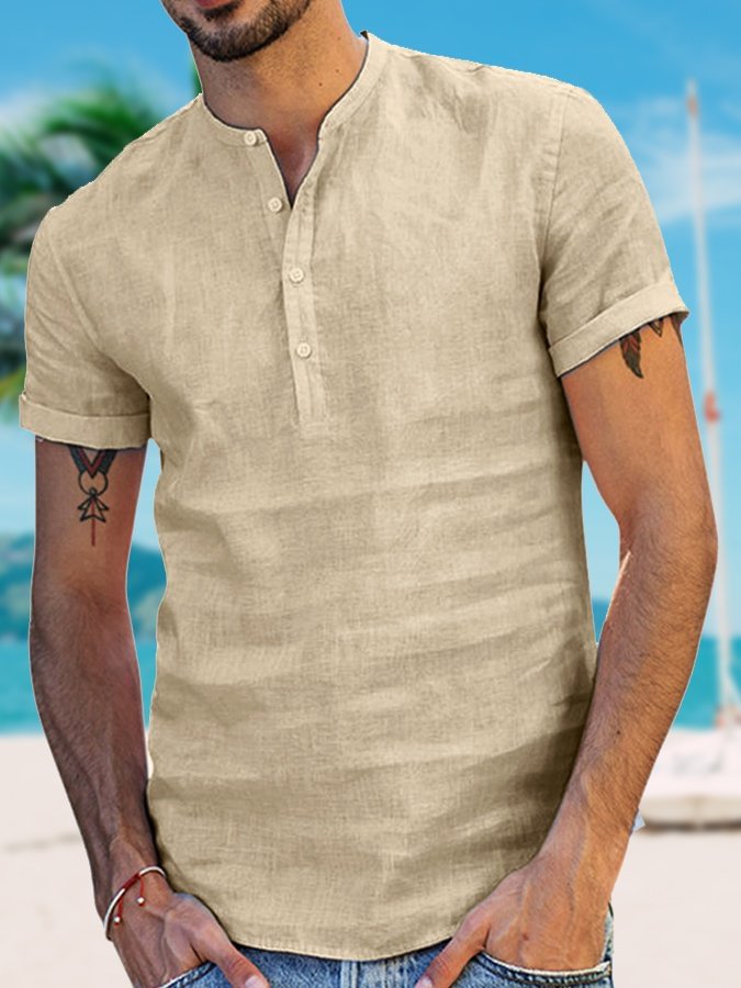 Men's Stand Collar Cotton Linen Short Sleeve Shirt socialshop