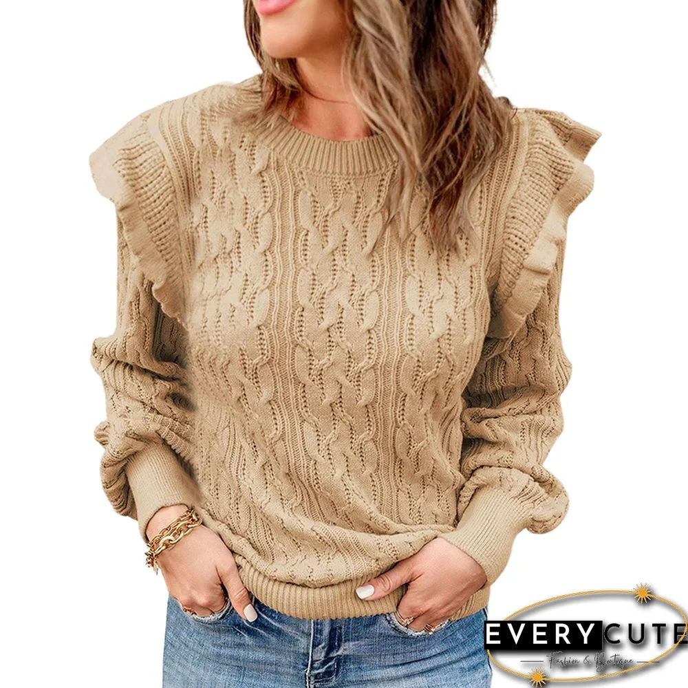 Khaki Textured Frilled Detail Long Sleeve Sweater