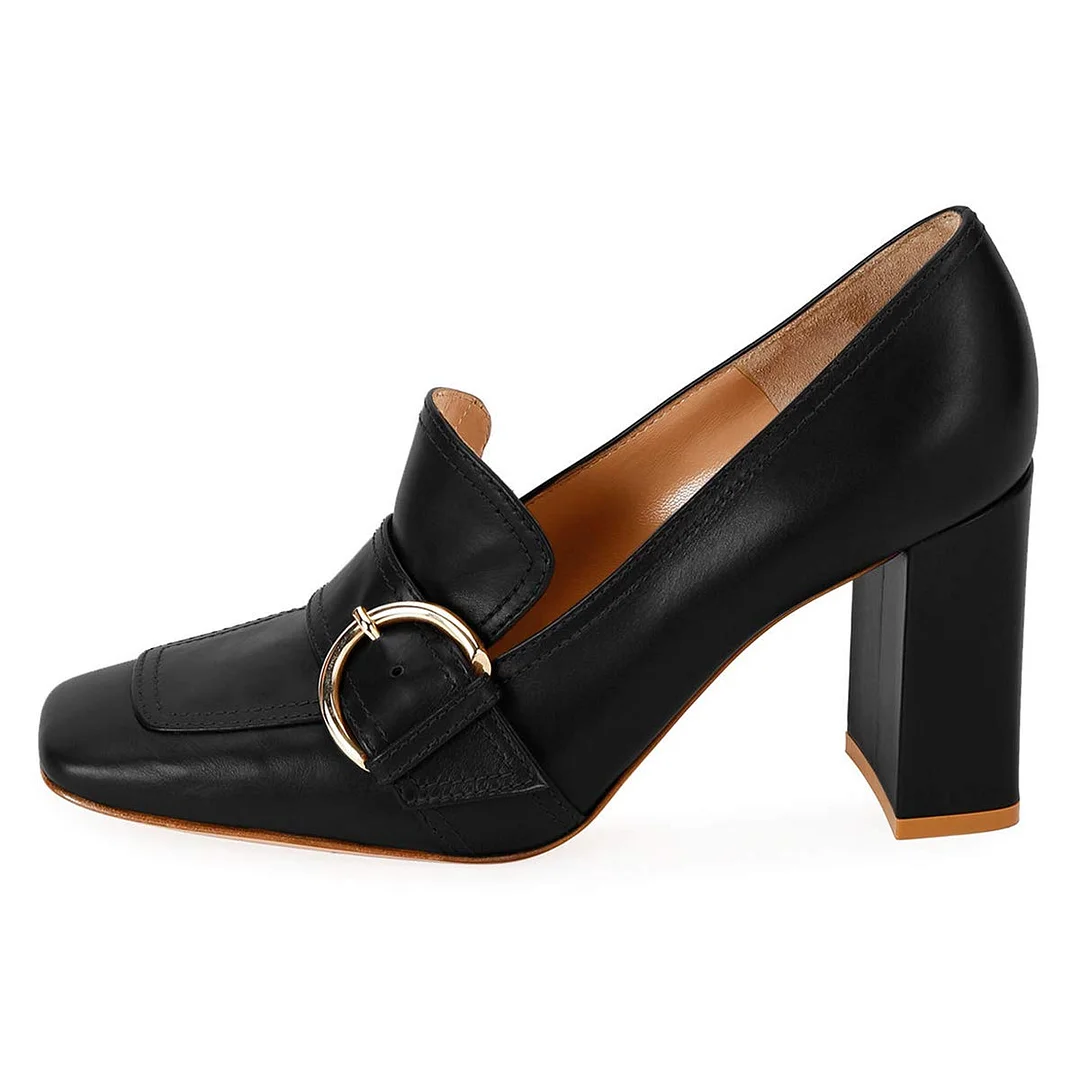 Classic Black Vegan Leather Square Toe Buckle Chunky Heeled Loafers