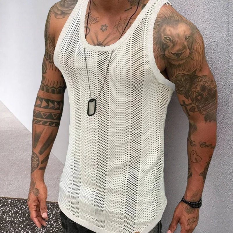 Uveng Uveng Men's Wear Summer Thin Sleeveless Men's Vest White Mesh Hollow Sports Top SY0023