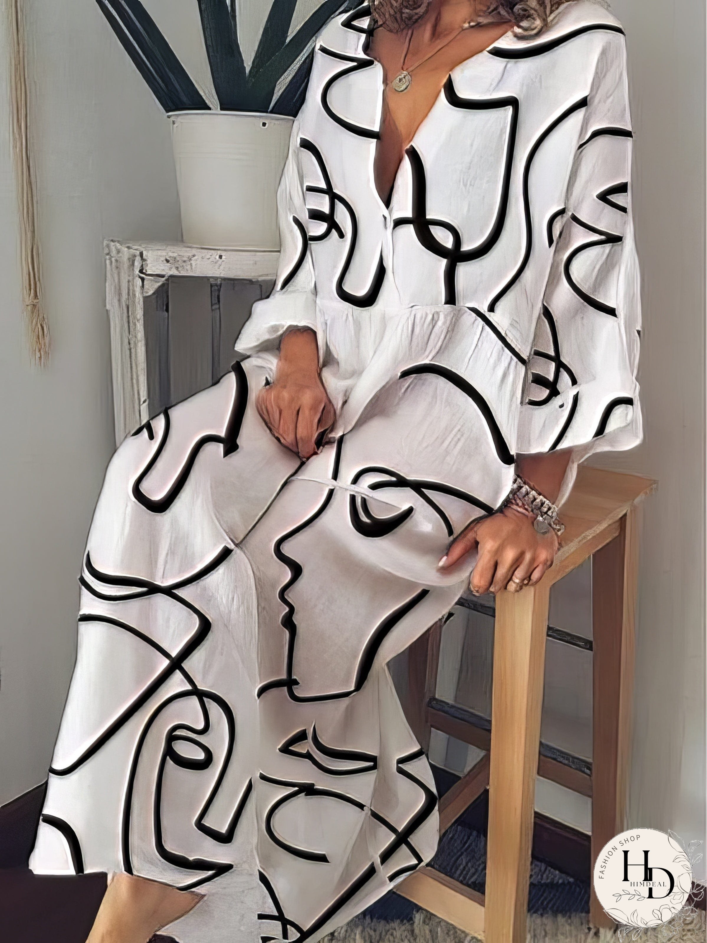 Tiered Maxi Dress with Abstract Faces