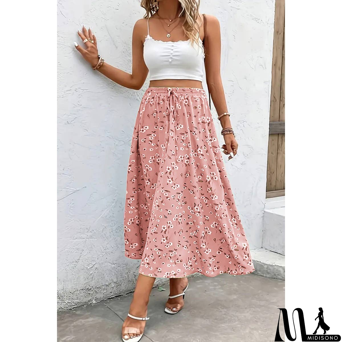 MidiSono - Plus Floral Print Drawstring Waist Fit Skirt