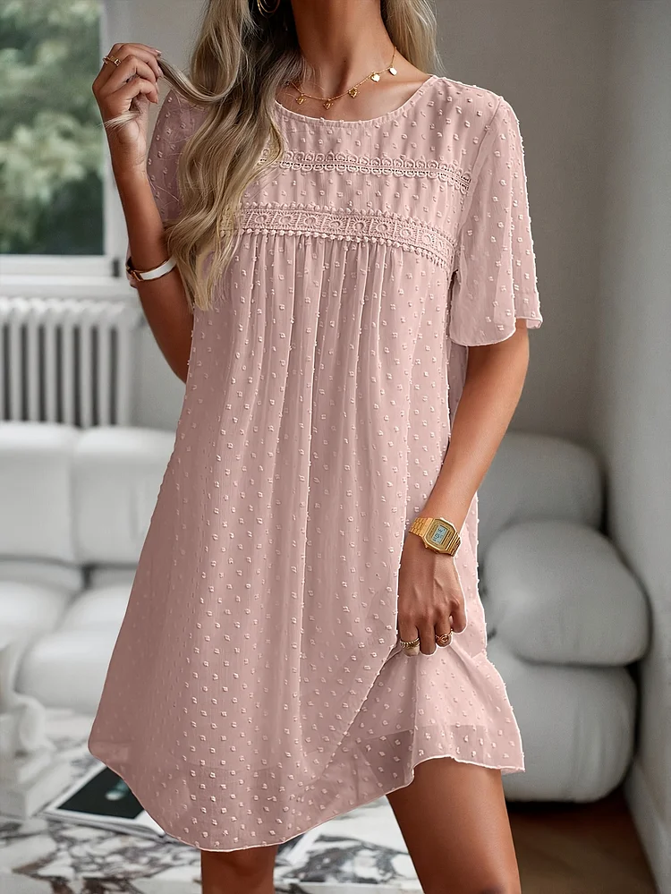 Elegant Mint Green A-Line Dress | Women's 100% Polyester Short Sleeve Round Neck Machine-Washable Casual To Formal Wear With Applique Detail, All-Season Versatile Dress