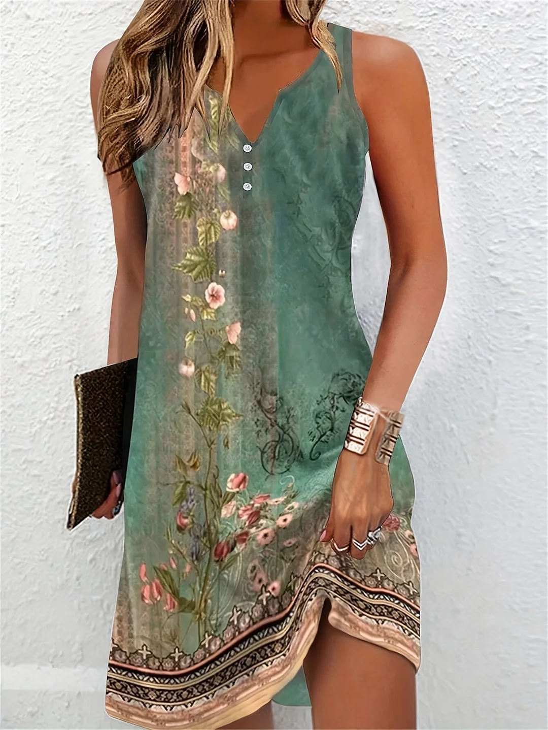Sleeveless V-Neck Women's Flower Print Mid-Length Dress, Spring/Summer Women's Wear, Button-Embellished | IFYHOME