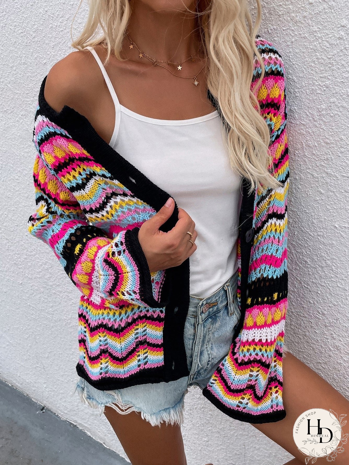 Chevron Stripes Openwork Cardigan