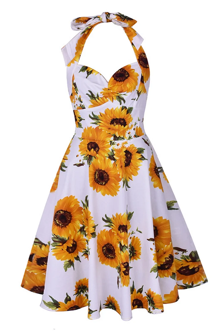 Retro Halter High Waist Sunflower Print Back Lace Up Midi Dresses