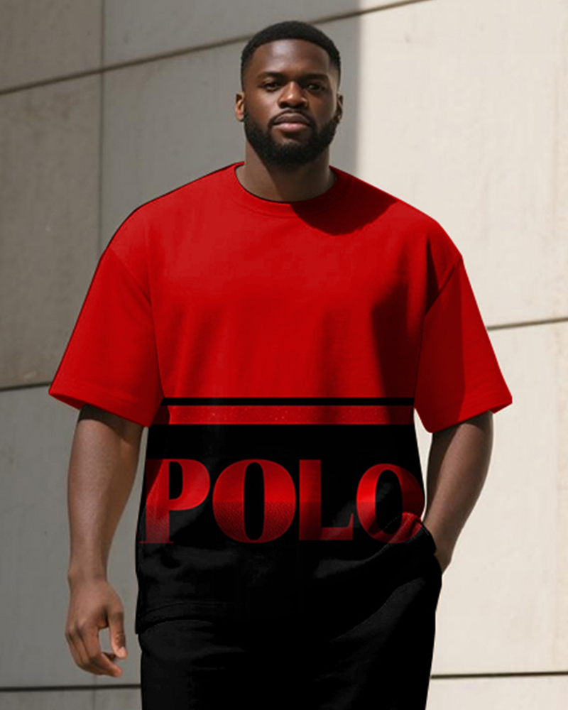 Men's Plus Size Red And Black Gradient Letter Print T-shirt Trousers Suit