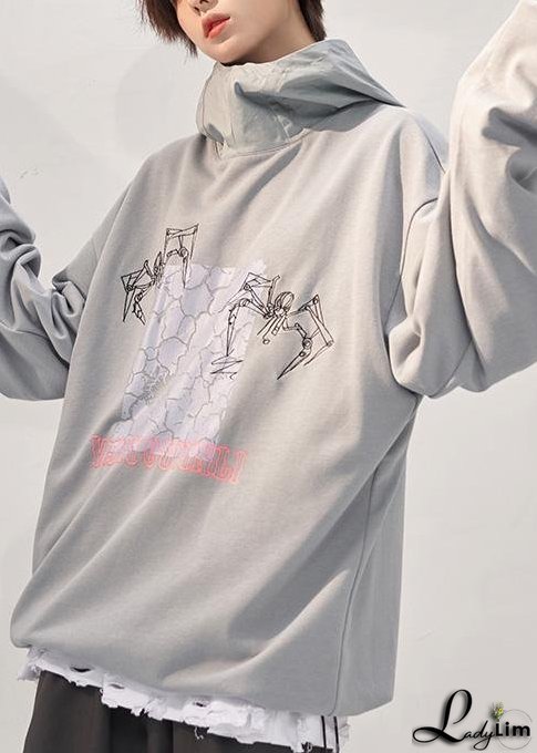 Chic gray prints cotton clothes For Women fall loose patchwork hooded Sweat shirt
