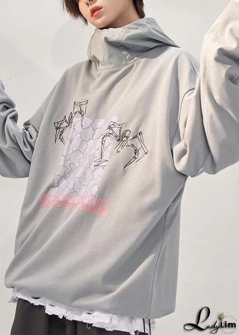 Chic gray prints cotton clothes For Women fall loose patchwork hooded Sweat shirt