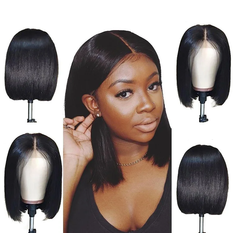 20CM Straight Bob Lace Front Human Hair Wigs-elleschic