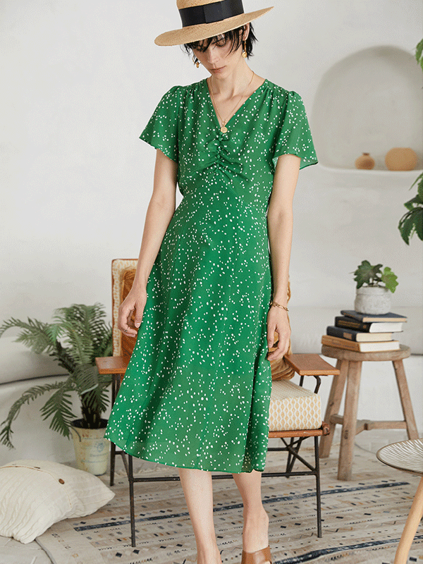 Elegant Green Flora Scattered Silk Dress