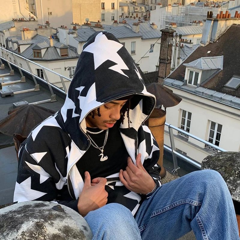 Star Print Streetwear Hip Hop Men's Zip Up Hoodies Coat-VESSFUL