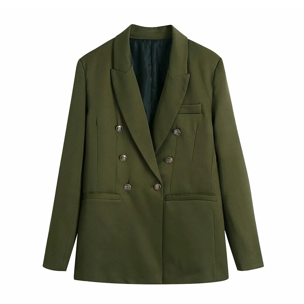 TRAF Women  Fashion Double Breasted Office Wear Blazer Coat Vintage Long Sleeve Welt Pockets Female Outerwear Chic Veste