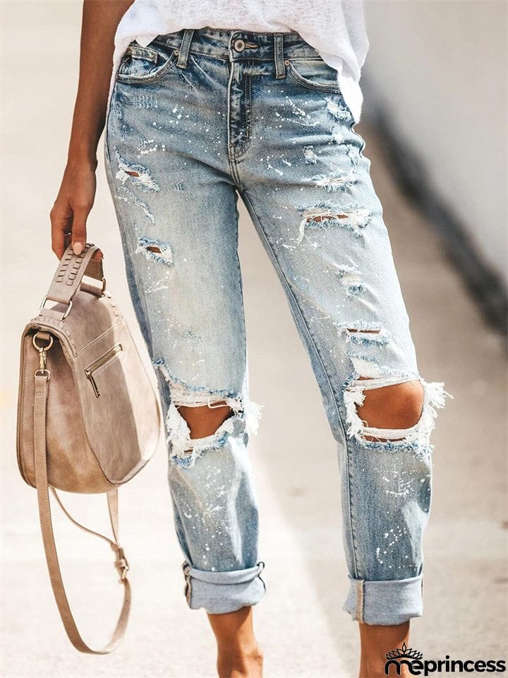 Women's Stretch Wash Effect Ripped Straight-Leg Street Style Jeans