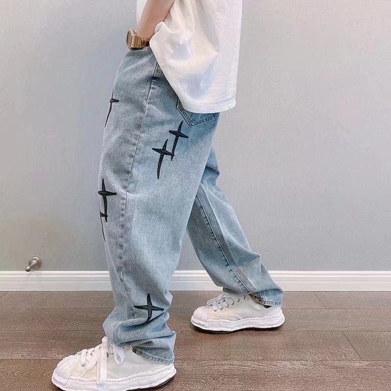 Cross Embroidery Retro Washed Men Baggy Jeans