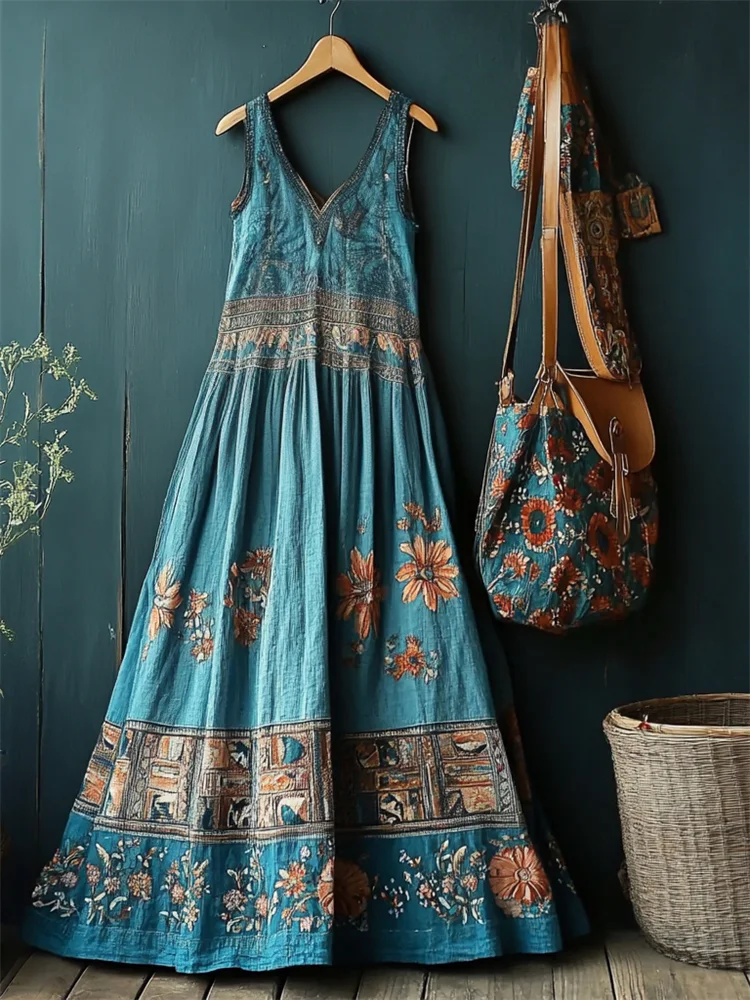 Utbros Ethnic Boho Floral Embroidered Turquoise Linen Maxi Dress