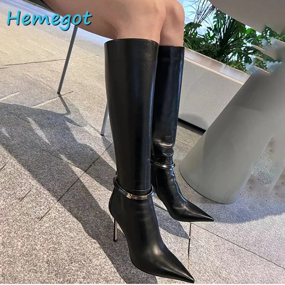 Pointed Toe Ankle Strap Buckle Knee High Boots Stiletto Heel Side Zipper Women Long Boots Pink Solid