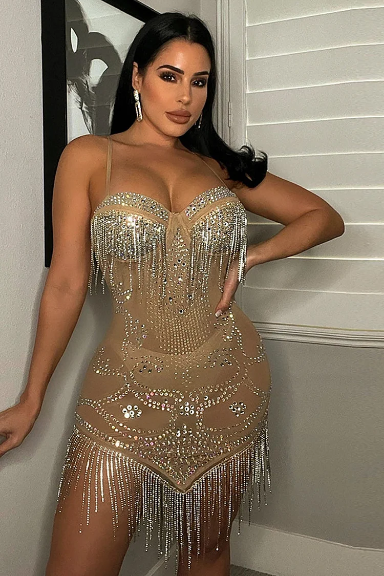 Party Sequin Fringe Hot Drilling Sling Mini Dress