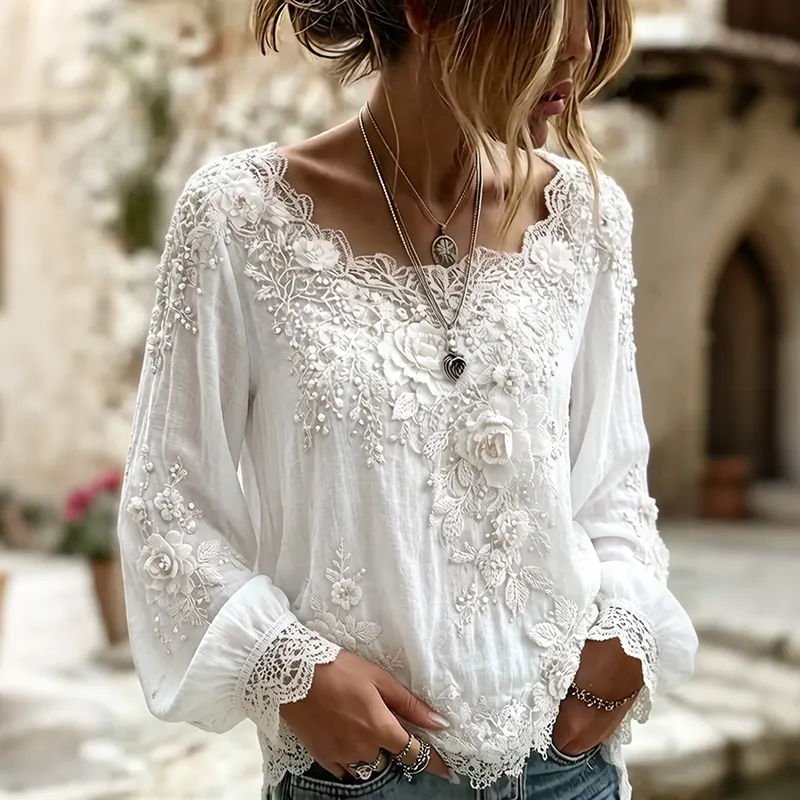 Women's Vintage White Rose Floral Art Flowy Crew Neck Long Sleeve Linen T-shirt elevenforest