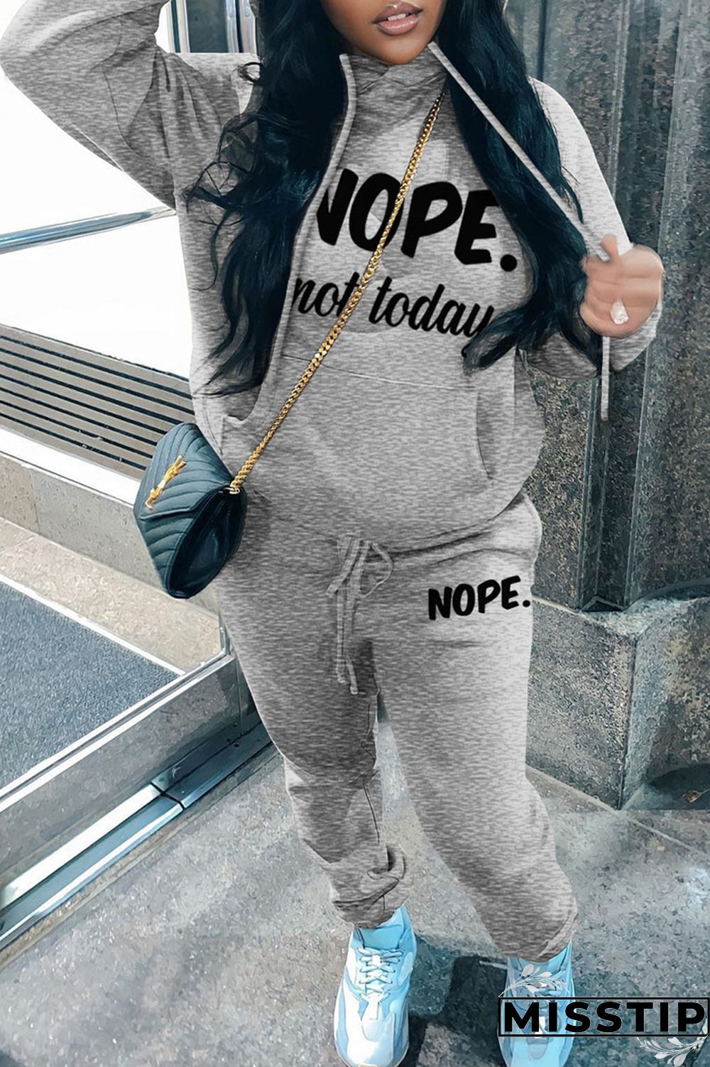 Black Casual Letter Print Basic Hooded Collar Long Sleeve Two Pieces