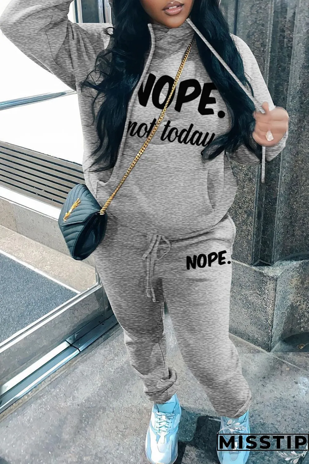 Black Casual Letter Print Basic Hooded Collar Long Sleeve Two Pieces