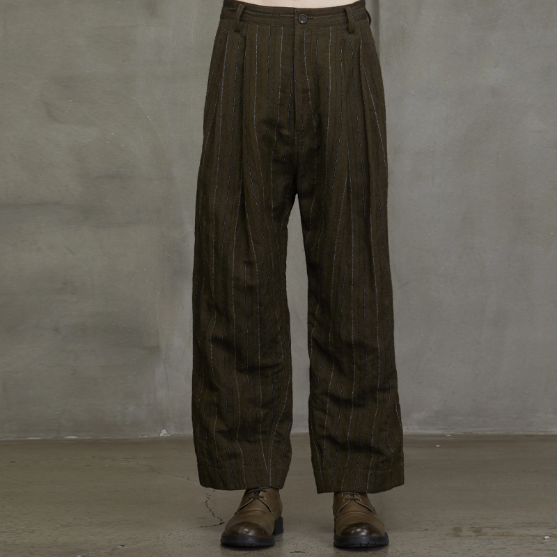 Men's Olive Brown Pinstripe Wide-Leg Trousers