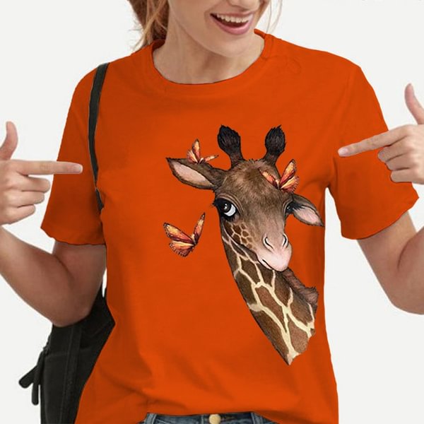 Fashion Women's Clothes Cute Animal Giraffe & Butterflies Print Short Sleeves Tshirts for Women and Girls; Causal Tees Tops; Womens Blouse; Funny Ladies Shirts Plus Size S-3XL - BlackFridayBuys