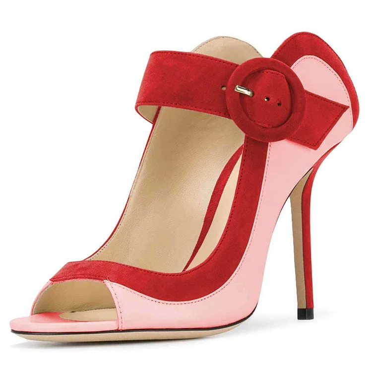 Pink and Red Suede Buckle Peep Toe Heels Pumps |FSJ Shoes