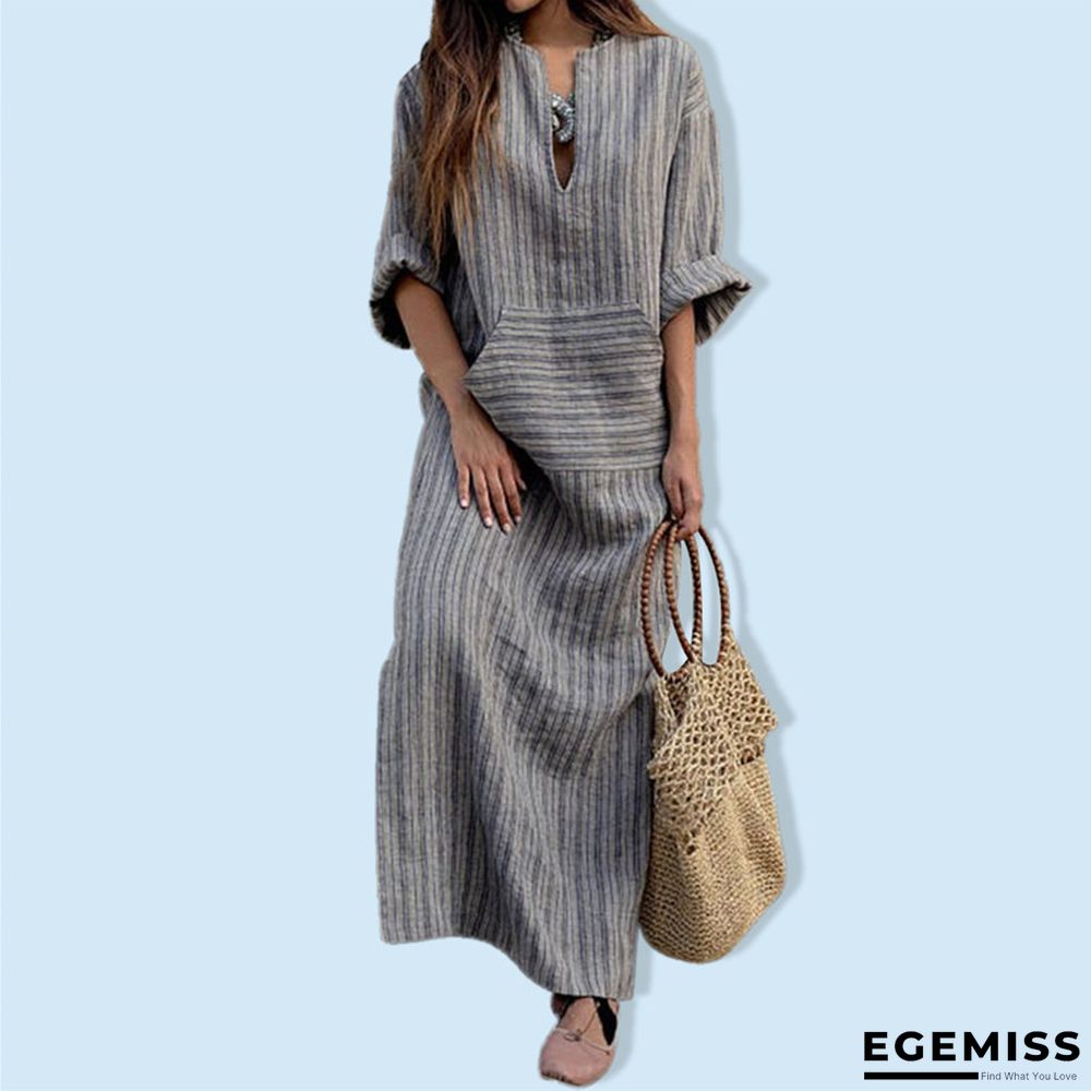 Cotton Pocket Yarn-dyed Loose Long Dress | EGEMISS