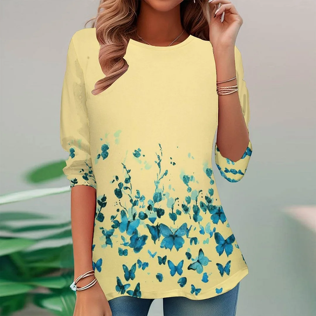 Vintage Printed Long Sleeve Plus Size Tunic for  Women and Men Unisex Pattern Blue,Yellow,Floral