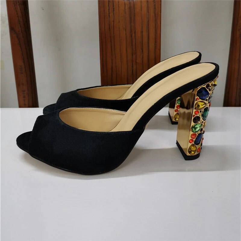 VCSHOES Rhinestone Sandals Women Peep Toe Suede Shoes Woman Chic Jeweled Diamond High Heel Mules Lady