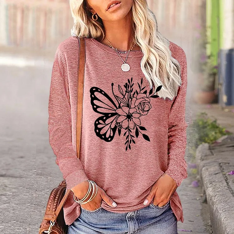 butterflies and flowers Round Neck Long Sleeves_G287-0023490