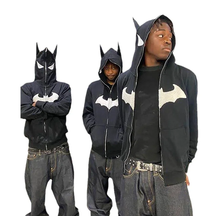 Vintage Fall New Bat-Print Casual Hoodie Zipper Loose Hoodie