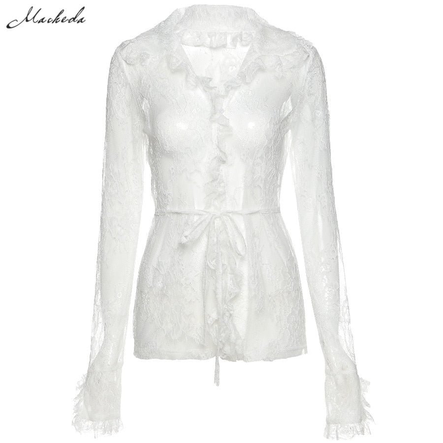 Macheda Autumn Sexy See Through Fashion Casual Slim Top Women White Lace Long Sleeve V Neck Clothing Lady T Shirt Solid New