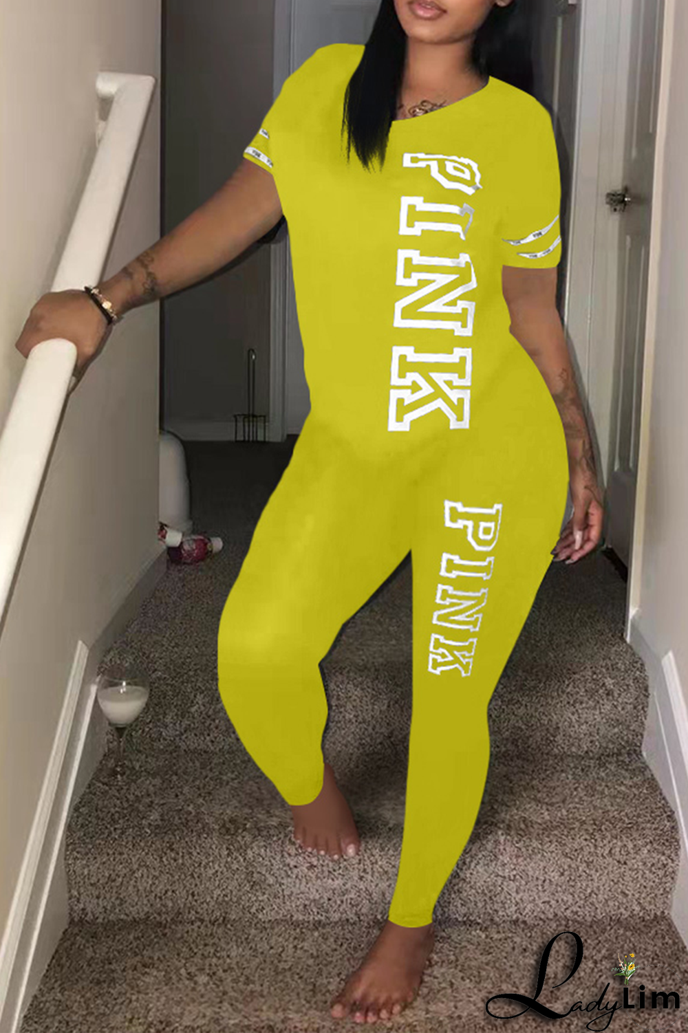 Light Purple Casual Patchwork Letter O Neck Short Sleeve Two Pieces