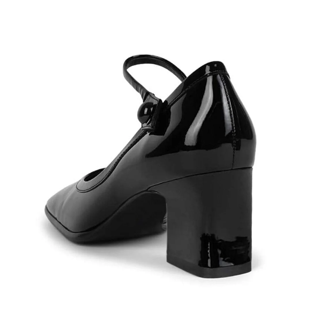 Simple Black Patent Leather Chunky Heel Square Toe Mary Jane Shoes