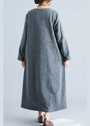 DIY o neck jacquard cotton tunic dress Catwalk gray Maxi Dress fall