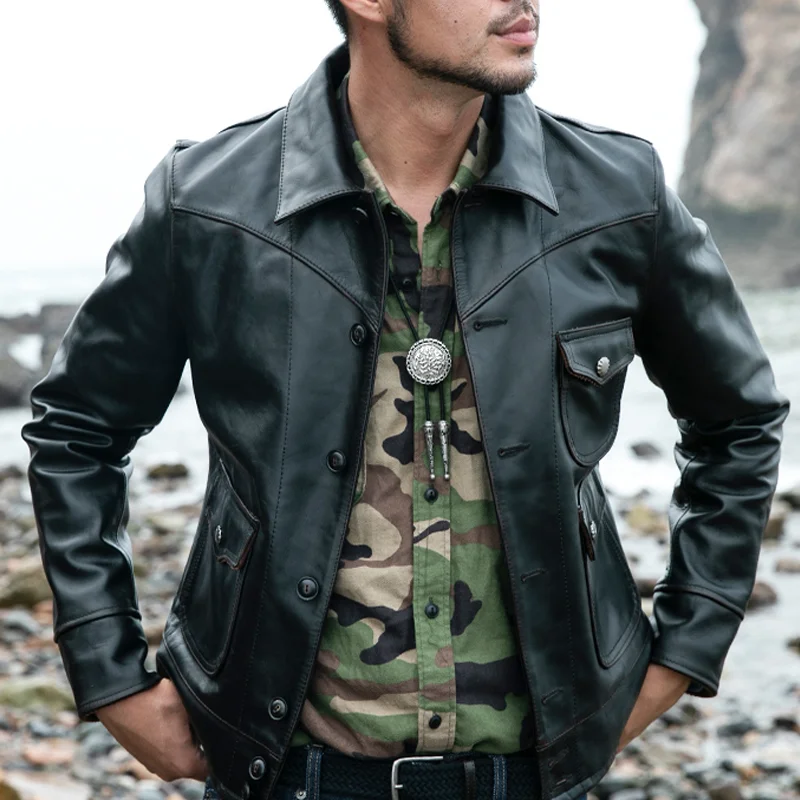 Fashion Versatile Black Vintage Lapel Multi-pocket Leather Jacket