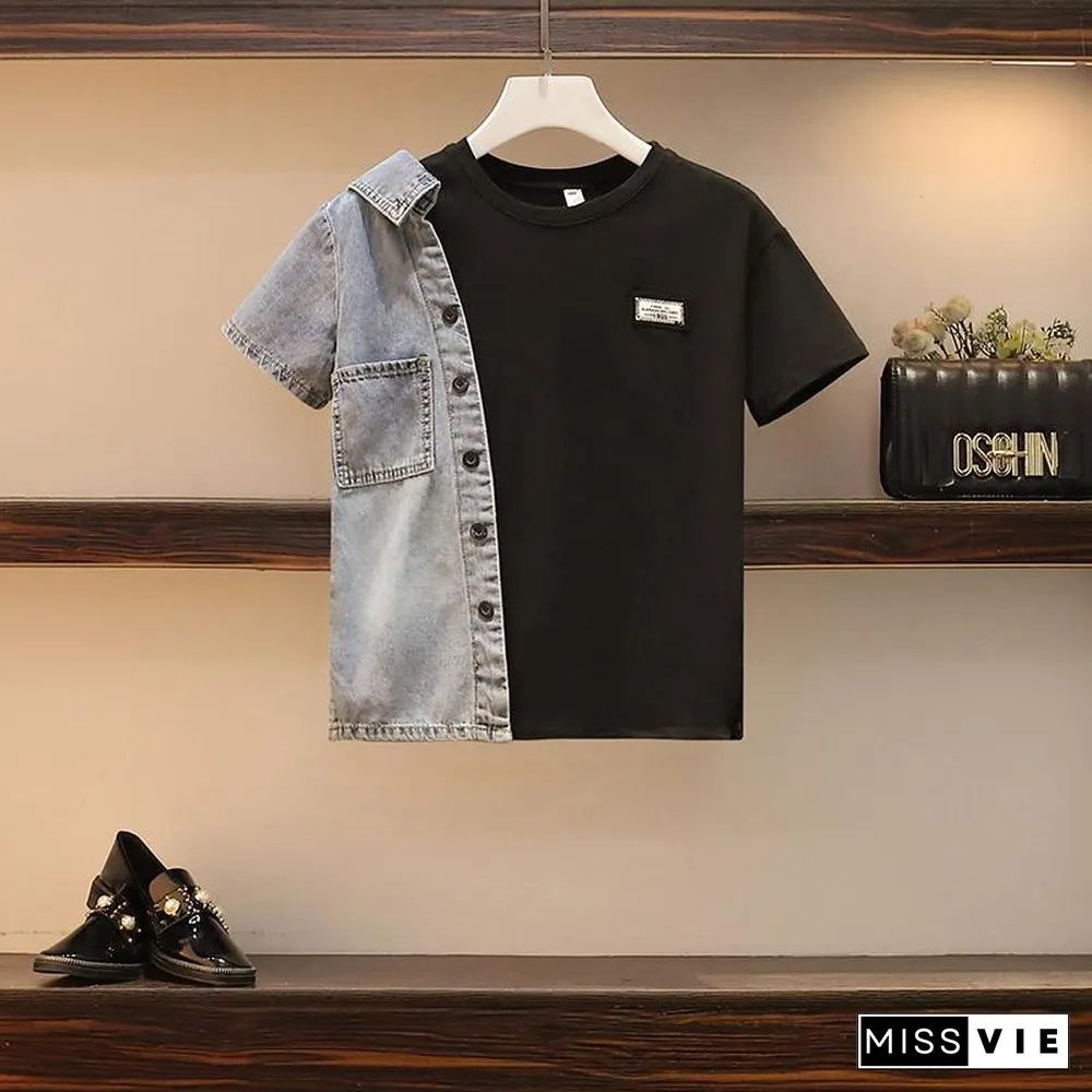 Fashion Colorblock Denim Two-Piece Set P11536