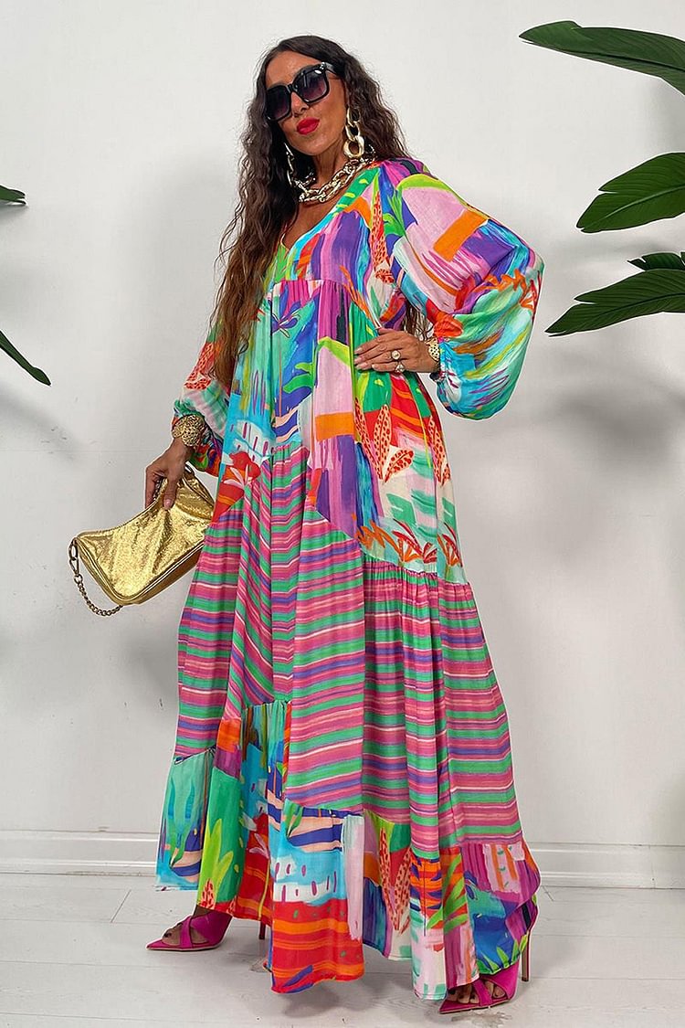 Patchwork Rainbow Color Asymmetric V Neck Maxi Dresses