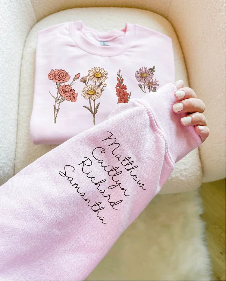 Personalize Mom Gift from Kids names heart on sleeve, Mother's Day Gift, Custom Birth Month Flower Gift, Mother's Day Shirt, Mama Sweatshirt