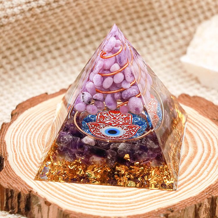 Amethyst With Purple Jade Hamsa Protection Orgone Pyramid