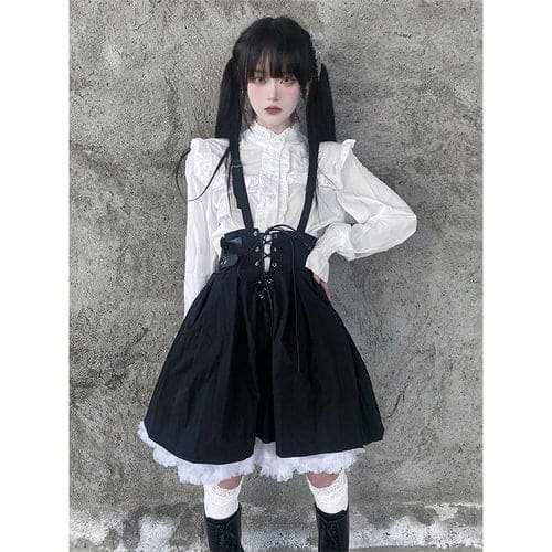 Harajuku Style Long Sleeve White Shirt Lace Up Black Suspender Skirt ON17