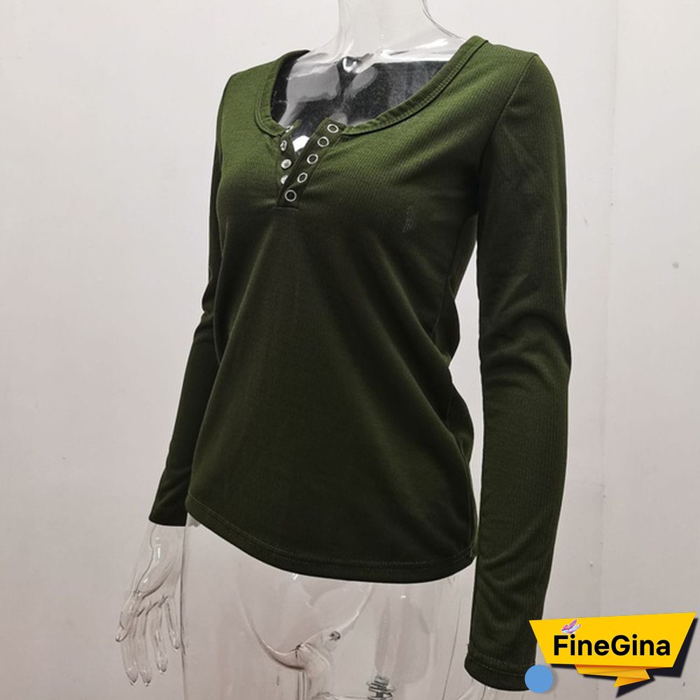 Spring Tight-fitting Bottoming Shirt U-neck Ribbed Long-sleeved Blouse Women's Clothing