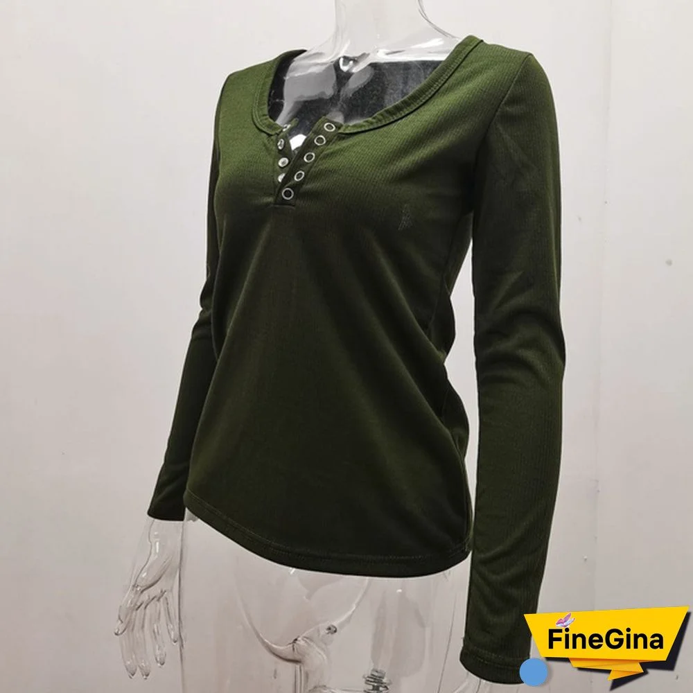 Spring Tight-fitting Bottoming Shirt U-neck Ribbed Long-sleeved Blouse Women's Clothing