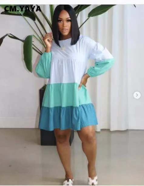 CM.YAYA Women Midi Dress Patchwork Full Sleeve O-neck Loose Knee Length Dresses Fashion Casual Streetwear Summer Vestidos Outfit
