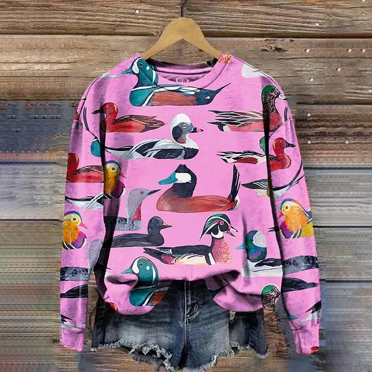 Wearshes Wild Duck Print Crew Neck Casual Sweatshirt